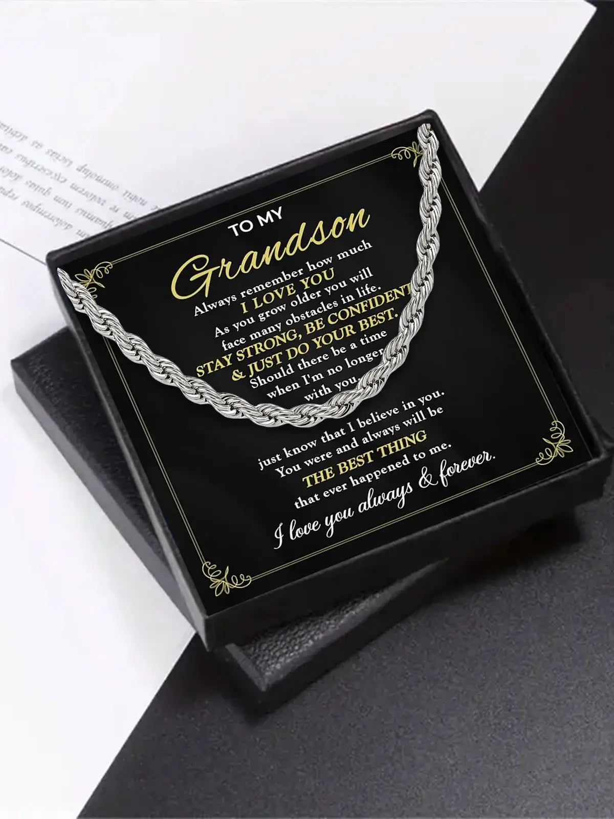 To My Grandson Rope Chain Necklace with Message Card – "I Love You" Gift from Grandparents