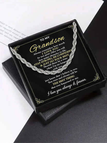 To My Grandson Rope Chain Necklace with Message Card – "I Love You" Gift from Grandparents