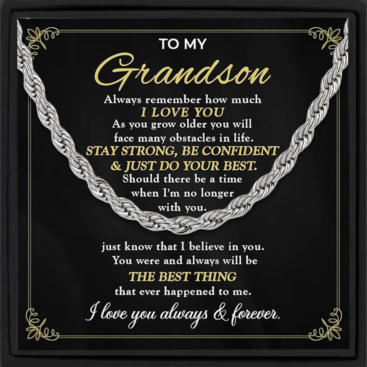 To My Grandson Rope Chain Necklace with Message Card – "I Love You" Gift from Grandparents
