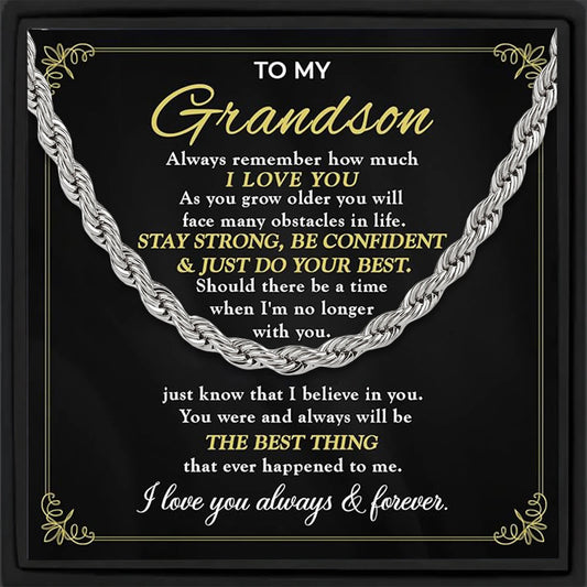 To My Grandson Rope Chain Necklace with Message Card – "I Love You" Gift from Grandparents